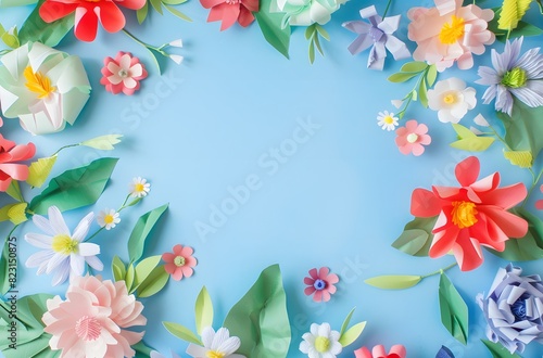 Colorful Paper Flowers and Leaves on Light Blue Background