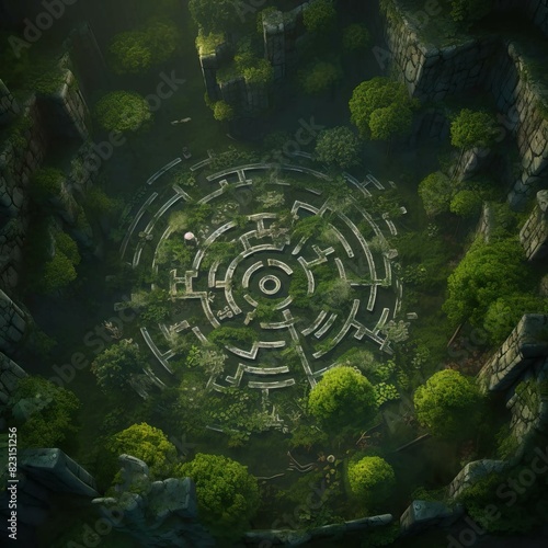 DnD Battlemap Labyrinthic Forest. Un mystérieux sentier serpentant à travers des arbres touffus.