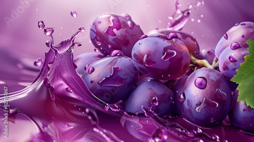 Photorealistic grape slices and juice splash isolated