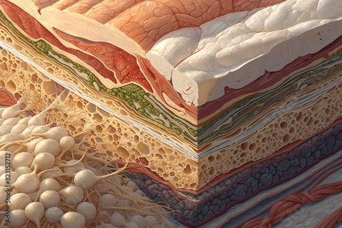 Detailed cross-sectional illustration of human skin layers showing the complexity and structure of epidermis, dermis, and subcutaneous tissue.