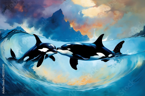 clear blue water,three orcas swimming through the water, dramatic lightening in the sky, art by TavitaNiko, art by mel odom, art by Klimt , art by frazetta.