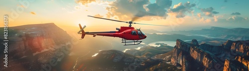Exhilarating Aerial Scenic Helicopter Tour of Majestic Mountain Landscapes at Sunset