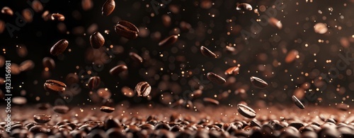 A closeup of coffee beans falling on the ground, captured in motion with a dark background