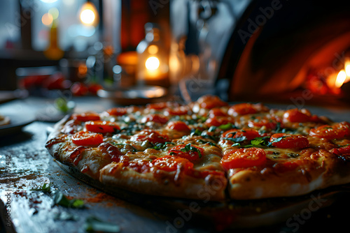 Pizza with mozzarella cheese. tomatoes and herbs in the oven