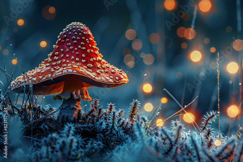 Fantasy fly agaric in mystery dark forest at night. Fly agaric against a background of golden bokeh. Generated by artificial intelligence