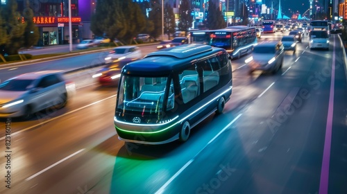 Futuristic autonomous bus glowing with neon lights speeds down a bustling city street at night, surrounded by city lights and traffic.