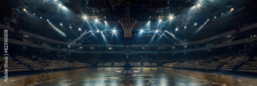 Basketball arena with dramatic lighting, free throw line in front of goal