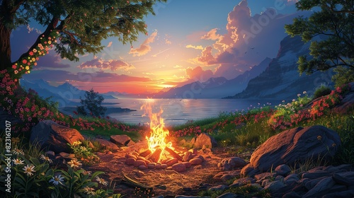 Summer Time, Campfire Gathering with Flower Garland: An illustration of friends gathered around a campfire decorated with flower garlands, enjoying a warm spring evening. Illustration image,