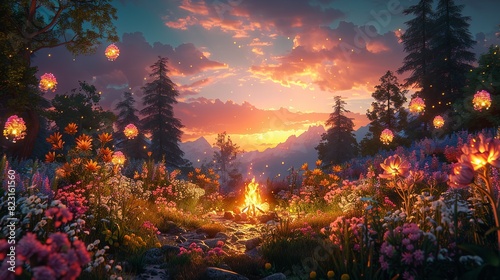 Summer Time, Campfire Stories with Flower Lanterns: An illustration of campers telling stories around a campfire decorated with flower lanterns, creating a magical spring evening. Illustration image,