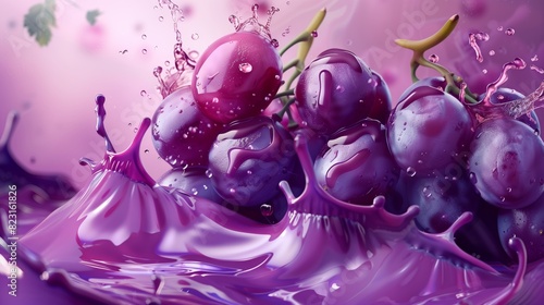 Photorealistic grape slices and juice splash isolated