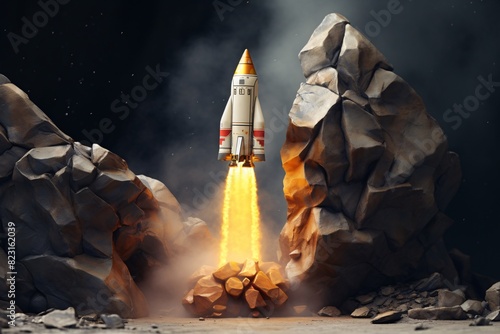 a rocket taking off from rocks