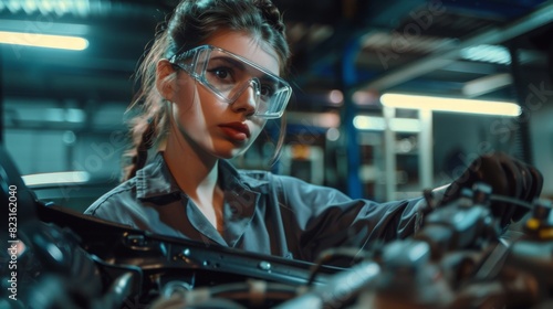 Women in safety glasses are working on a car in a car workshop using ratchets. Modern garage with vehicles and an empowered female mechanic.