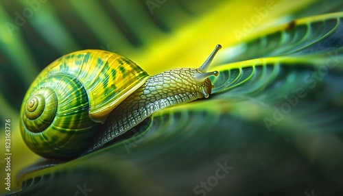 Green Snail Crawling on Leaf in Nature