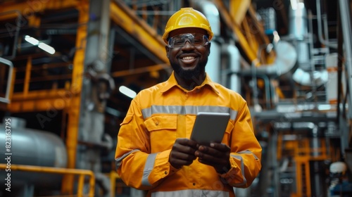 Smiling African American Industrial Specialist using a Tablet Computer in a Metal Construction Manufacture while wearing a safety uniform and a hard hat.