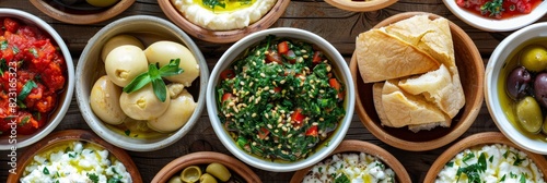Various Israeli meze appetizers in bowls in a still life