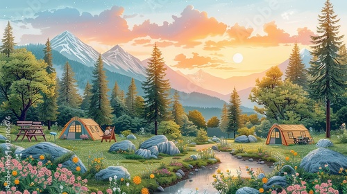 Summer Time, Spring Camp Activities with Pastel Tones: An illustration of various camp activities like hiking and BBQs, all set in a pastel-toned spring landscape. Illustration image,