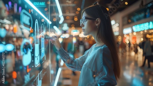 Female customer using 3D Augmented Reality Digital Interface in Modern Shopping Center. Shopper is choosing Fashionable Bags, Stylish Garments in Clothing Store. Innovation VFX Concept.
