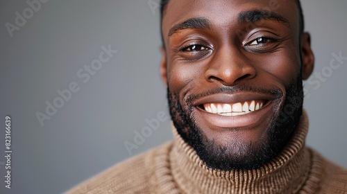 An attractive authentic African American gentleman smiles charmingly as he poses in close-up, wearing a stylish turtleneck, wearing a trim beard.