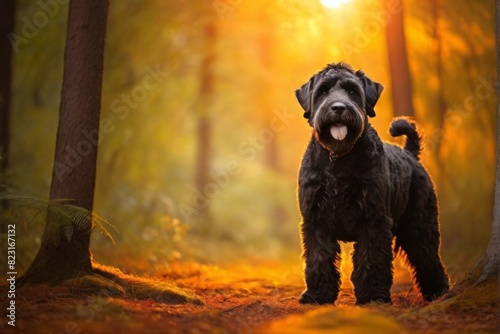 Black Russia terrier dog, Professional wild life photography, in forest, sunset bokeh blur background, animals & birds, cinematic, wallpaper