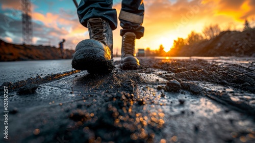 Close-up of boots walking through a muddy construction site at sunset. Dramatic sky and vibrant colors create a striking scene.