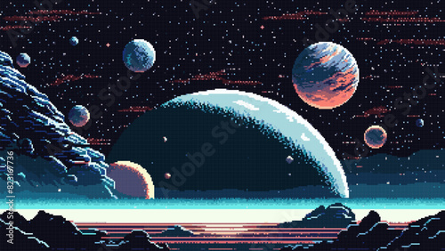 Generative ai. Alien galaxy stars and space planet surface landscape. Ai generated 8 bit pixel art game scene. Retro-inspired virtual world with pixelated nostalgic charm. Far Universe level location