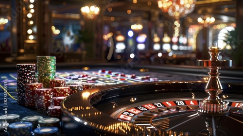 banner that features a luxurious casino environment with a prominent roulette table at the center. The roulette wheel should be spinning, with the ball visible on the wheel