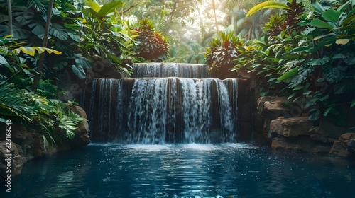 Cascading Waterfall in a Lush Tropical Setting with Vibrant Green Foliage and Flowing Water