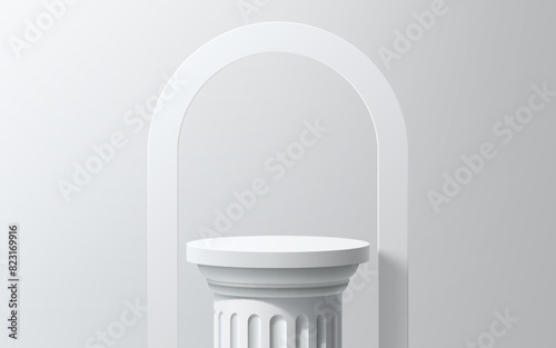 Column podium with white arch. Realistic 3d vector sleek Roman or Greek round pillar pedestal adorned with graceful arc, exuding elegance and sophistication. Minimalist design for product presentation