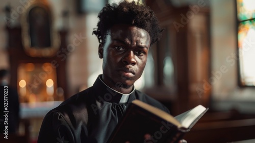 A young black priest holding the Holy Bible in his hand, gazing at the camera. A servant of God, devoted to Christ, helping lost souls discover righteousness through faith.