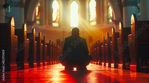 Back View: Christian Man Praying in a Church. He Seek Guidance and Support from his Spiritual Spirit. Spirit of Christianity and Faith in the Goodness of God.