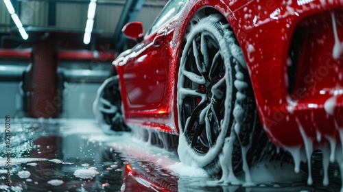 Stylish Dealership Car Wash Washing a Performance Vehicle with a Soft Sponge. A red sports car is rubbed in shampoo and brushed with a soft sponge.
