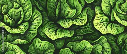 Close-up vibrant green lettuce leaves illustrating natural texture and color in a fresh, healthy pattern. Ideal for food and nature themes.