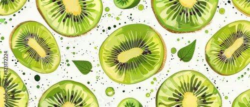 Seamless pattern of fresh kiwi slices with green leaves on white background. Vibrant and juicy kiwi fruit illustration for healthy food design.