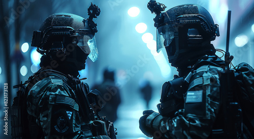 Two swat cops talking to each other, night time. Generative AI.