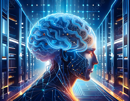 hippocampus in brain is like a data center, detailed hippocampus structure with glowing neural pathways resembling computer server racks, set within a high-tech brain environment