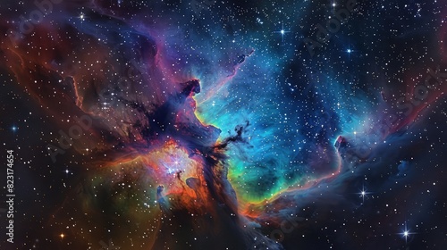 A captivating nebula cloud filled with a kaleidoscope of colors, set against a glittering star-studded night sky in a distant galaxy.