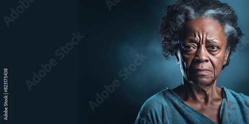 Azure background sad black american independant powerful Woman realistic person portrait of older mid aged person beautiful bad mood expression Isolated 