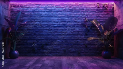 There is nothing in this room but brick walls, neon lights, and a purple plant.
