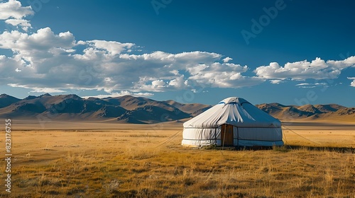 Vast and tranquil Mongolian steppe with traditional yurt dwelling under dramatic cloudy sky