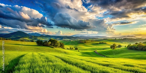 Peaceful nature scene with vibrant green grass fields and distant hills against a partly cloudy sky