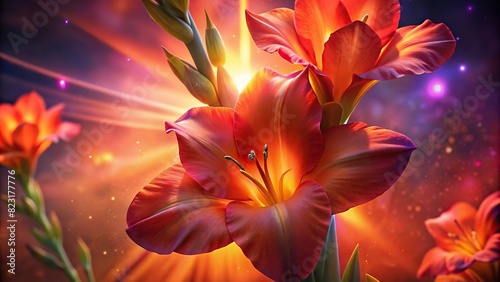 Close-up of vibrant gladiolus blooms against a bright backdrop