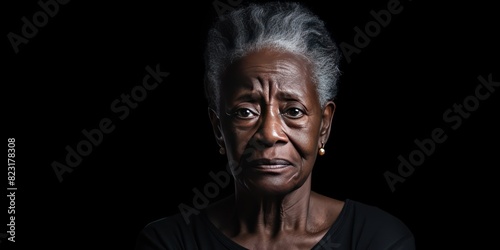 Black background sad black american independant powerful Woman realistic person portrait of older mid aged person beautiful bad mood expression Isolated