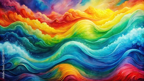 Vivid and abstract watercolor texture with bold rainbow colors and painted waves