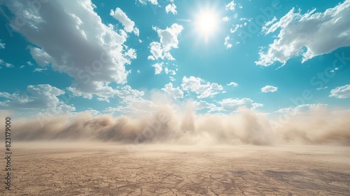 AI-generated photo of a beautiful landscape with a blue sky and white clouds. The foreground is a desert with a sandstorm in the distance.
