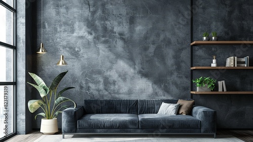 The image shows a living room with a dark blue wall, a gray sofa, and a few plants. The room is modern and stylish.