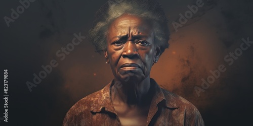 Bronze background sad black american independant powerful Woman realistic person portrait of older mid aged person beautiful bad mood expression 