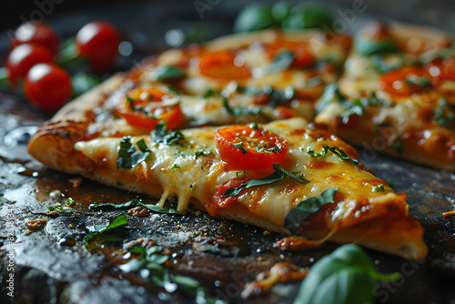 Pizza with mozzarella. tomatoes and basil on a dark background