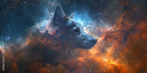 Galactic nebulae form a border collie shape in misty space background. Concept Galactic Nebulae, Border Collie Shape, Misty Space Background