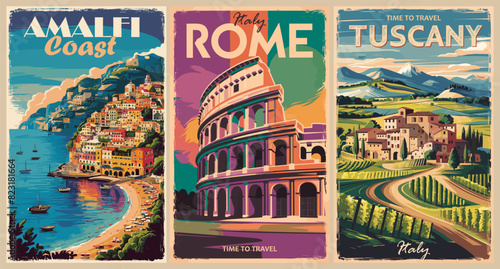 Set of Italy Travel Destination Posters in retro style. Tuscany, Rome, Amalfi Coast digital prints. European summer vacation, holidays concept. Vintage vector colorful illustrations. 