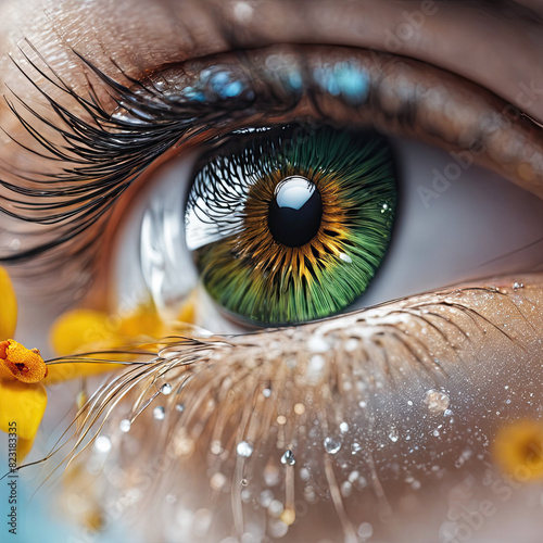 Makroaufnahme eine Auges mit vielen Details. grüne Pupille, einige Wassertropfen, eine gelbe Blume